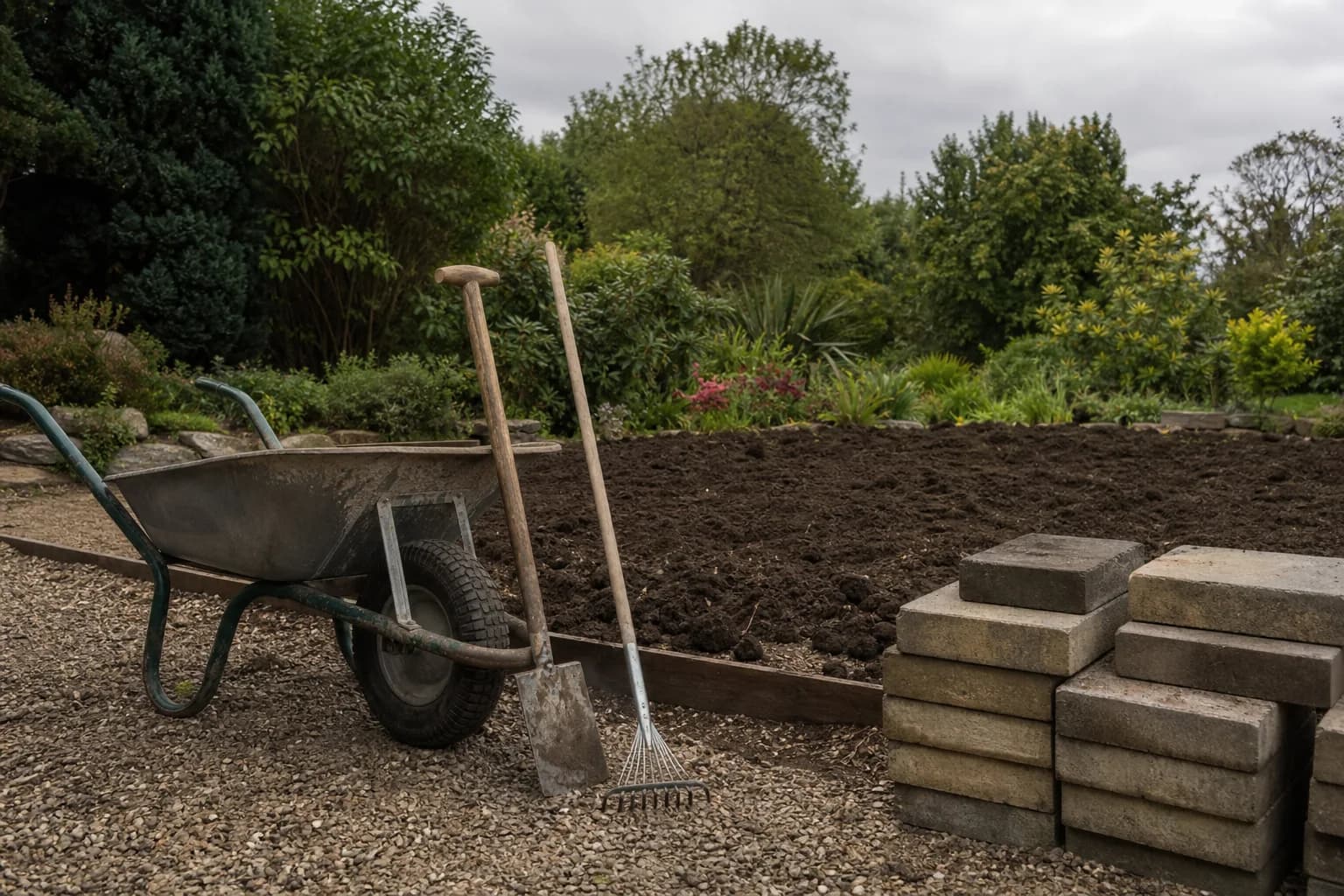 Landscaping tools and materials in a garden ready for work