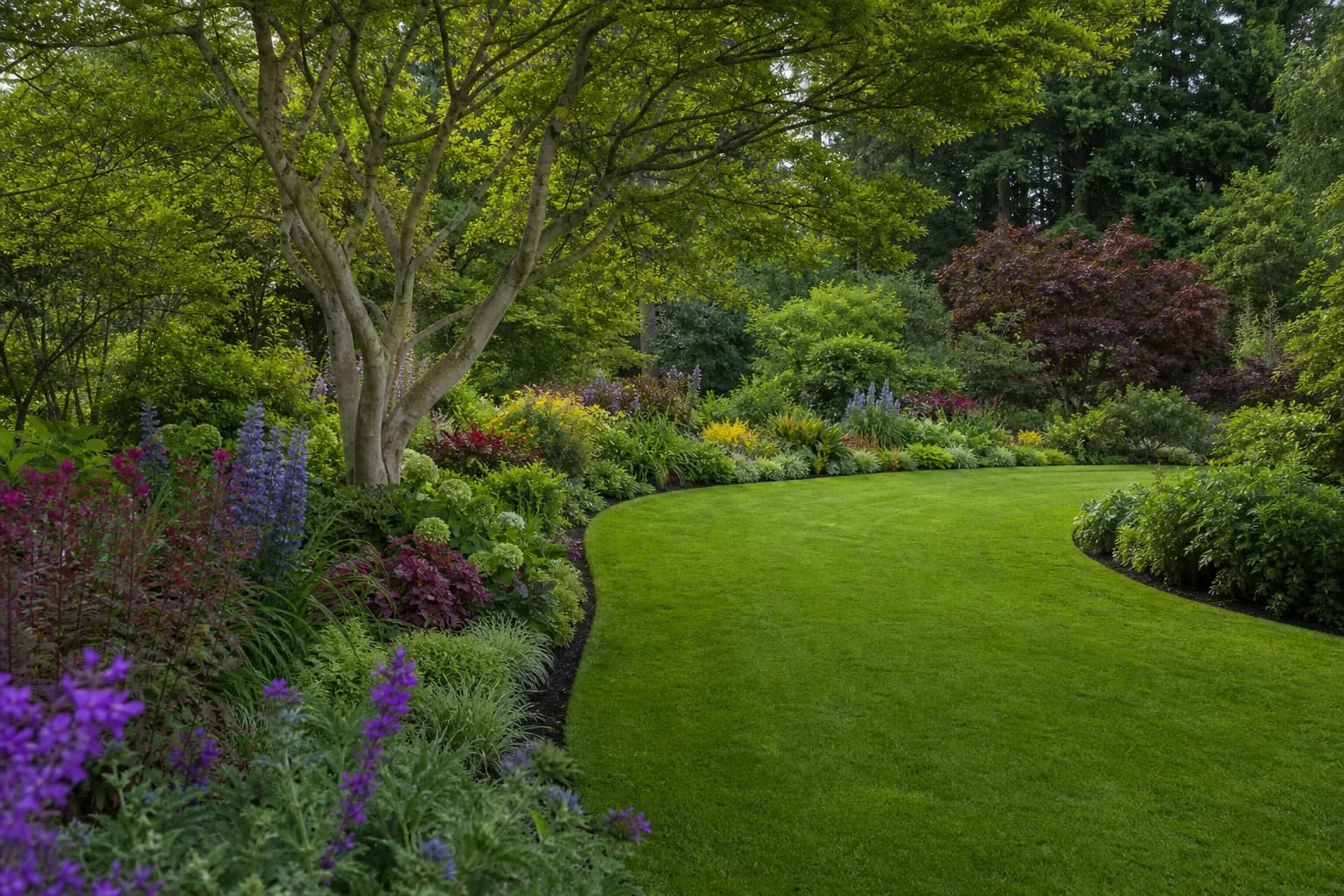 Landscaped garden with a sweeping curved lawn and deep planted borders