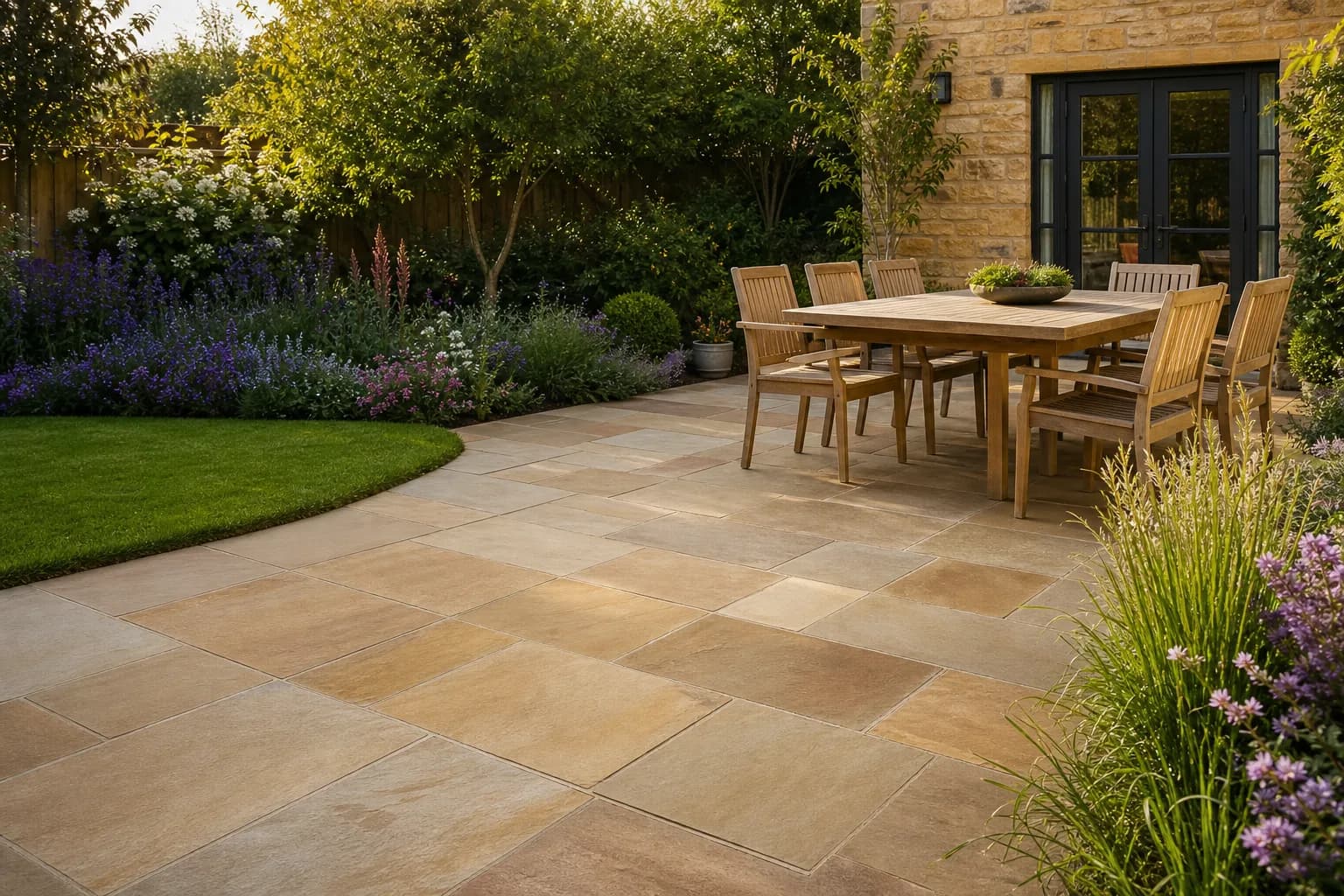 Finished natural sandstone patio with space for outdoor dining