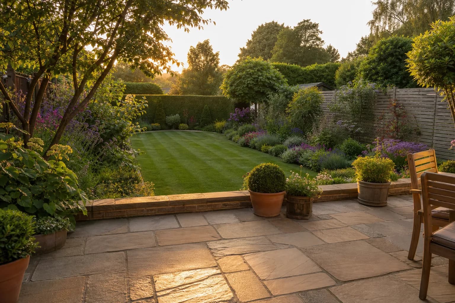 Landscaped Stoke-on-Trent garden with a natural stone patio, striped lawn and planted borders